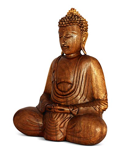 Wooden Serene Sitting Buddha Statue - Handmade Meditating Sculpture - Hand Carved Dhyana Mudra Figurine - Zen Home Decor Accent, Oriental Spiritual Home Room Decoration Gift (12" Tall) - size: 12" Tall