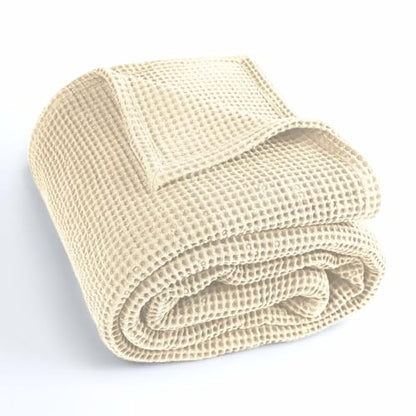 Waffle Blanket Queen Size Bed, 100% Cotton Soft Lightweight Breathable Summer Blanket, Waffle Weave Queen Size Bed Blanket: Beige (90"x90") - color: Beige, size: Queen (90" x 90")