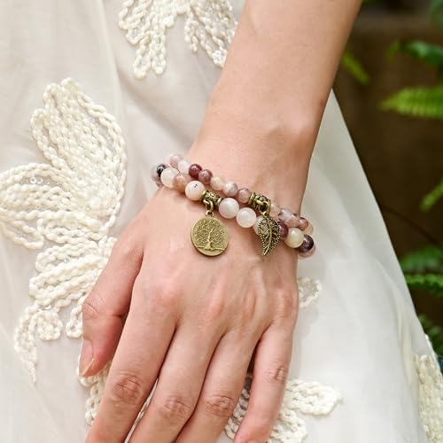 Bivei Natural Semi Precious Gemstone beads bracelet for women - Life Tree and Leaf Charm Energy Reiki Crystal Stretch Bracelets - color: Violet Stone Bracelet Set, size: Medium:6.8-7.24inch
