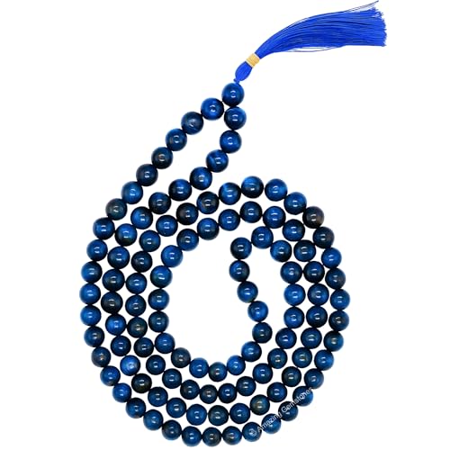 Amazing Gemstone Japa Mala 108 Prayer Beads Necklace and Wrist Mala Bracelet for Meditation - color: Blue Tiger Cats Eye, size: Without Knots