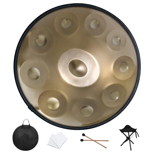 Handpan Drum 22 Inches D Minor Kurd, 432Hz 10 Notes Hand Drum Instrument, Premium Steel Drum, Handpan Instrument for Adults (Gold)