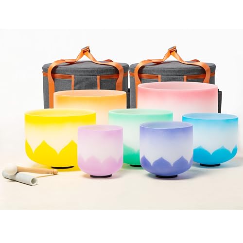 Set of 7 size 6-12 inch Lotus Design Colored Rim Chakra Tuned 432hz Quartz Crystal Singing Bowls with Heavy Duty Carrying Cases and Singing Bowl Mallet Suede Strikers WFN - color: Set of 7, Lotus with Rim