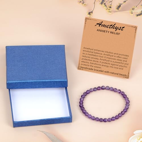 LPBeads Handmade Natural Gemstone Stretch Elastic Bracelet Healing Crystal Round Stone Beads Jewelry Gifts for Women Men - color: Amethyst, size: 6mm