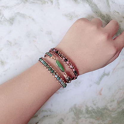 Women Boho Handmade Natural Stone Crystal Leather Bead Wrap Bracelets Collection - style: Green Aventurine 3W