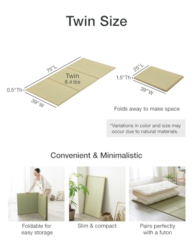 FULI Japanese Tatami Mattress, Foldable Igusa Rush Grass Tatami Rug, Natural Japanese Floor Mattress Mat Made in Japan, Twin - size: Twin (75"L x 39"W x 0.5"Th), style: Foldable Mat