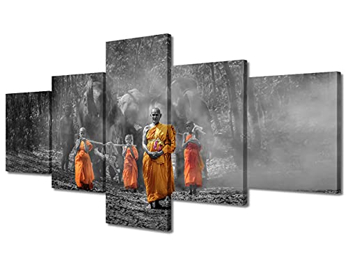 TUMOVO Bathroom Decor Wall Art Elephant Group Poster Print on Canvas 5 Pieces Zen Buddhist Wall Decorations for Living Room Thai Buddhist Monks Canvas Wall Art Framed Ready to Hang (50''Wx 24''H) - color: Artwork-11, size: 50''Wx24''H