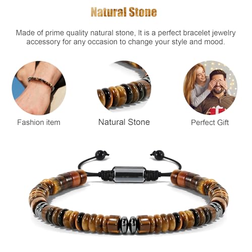 VIBILIA Healing Crystal Bracelets Beaded Bracelets for Men Women Natural Stone Adjustable Bracelets Unique Gifts for Father Son Grandfather Brother Friend - color: TigerEyeStone