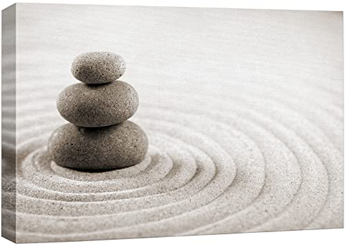 wall26 Canvas Print Wall Art Rock Stack On Gray Zen Sand Garden Floral Nature Photography Realism Bohemian Scenic Relax/Calm Cool for Living Room, Bedroom, Office - 12"x18" - color: 35. Rocks Over a Rippled Sand Effect, size: 18"L x 12"W