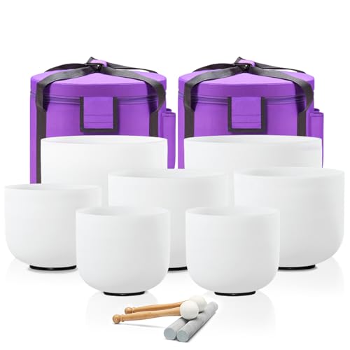 CVNC 432Hz 7-12 Inch Crystal Singing Bowl Set of 7 with 2 Pcs Carrying Case Bag, Frosted Quartz Crystal Sound Bowls for Chakra, Sound Therapy, Meditation Energy - color: White 7"-12" Set