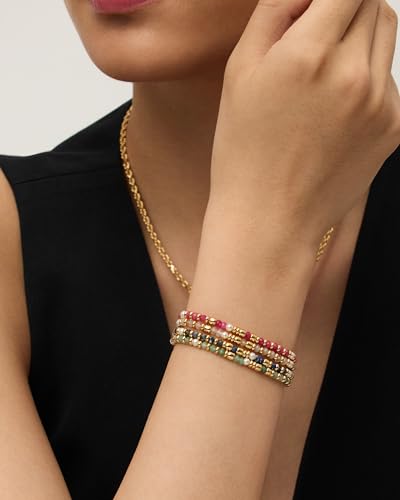 PAVOI 14K Yellow Gold Plated Gemstone Beaded Bracelets for Women - Adjustable Slider Dainty Pearl Bracelet - Boho Festival Pearls, Labradorite, Sodalite, Red Jade, Amazonite Beads - Gold Jewelry Gifts - style: Amazonite
