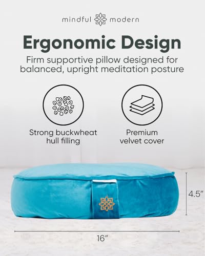 Mindful Modern Velvet Meditation Cushion | Luxe Zafu Yoga Floor Pillow Seat | Posture Support | Buckwheat Hull Filled | Large Round Cushion with Removable Washable Cover + Carry Handle