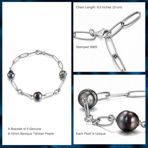 Genuine Tahitian Pearl Bracelet for Women - 3pcs 9-10mm Ocean-Grown Baroque Pearls, Wedding Anniversary Birthday Christmas Gift for Wife Mom Girlfriend Daughter Grandma, Length 6.2”+ 2” Extender