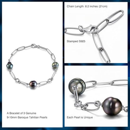 Genuine Tahitian Pearl Bracelet for Women - 3pcs 9-10mm Ocean-Grown Baroque Pearls, Wedding Anniversary Birthday Christmas Gift for Wife Mom Girlfriend Daughter Grandma, Length 6.2”+ 2” Extender