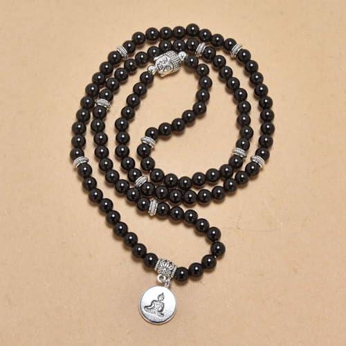 108 Mala Beads Bracelet/Necklace with Buddha Charm – Meditation Beads, Yoga Jewelry, Prayer Beads, Zen Necklace – Ideal Gift for Spiritual Practice - style: Black Agate