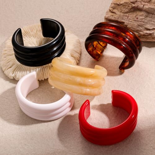DATOA Minimalist Resin Open Cuff Bracelet Multi-Layered Neutral Tone Bangle, Statement Lightweight Jewelry for Women Men Everyday Wear & Gifting - color: Amber