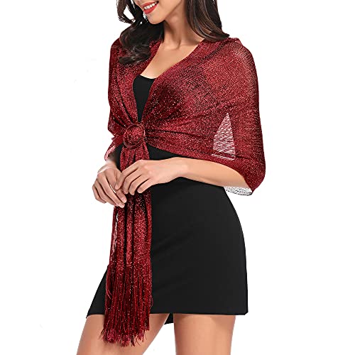 vimate Sparkling Metallic Shawls and Wraps for Evening Party/Wedding/Formal Dresses (With Free Buckle) - color: D#. Burgundy (With Burgundy Buckle)