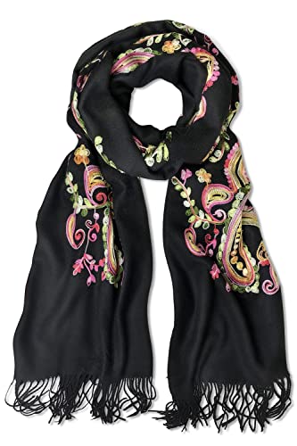 Urban CoCo Women's Embroidered Oversize Tassel Shawl Scarf Wraps for Women - color: #1-black