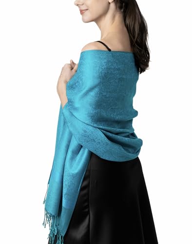 Achillea Two-Tone Vintage Paisley Pashmina Scarf – Lightweight Wrap & Shawl for Dresses, Weddings, Travel, All Seasons - color: Aqua
