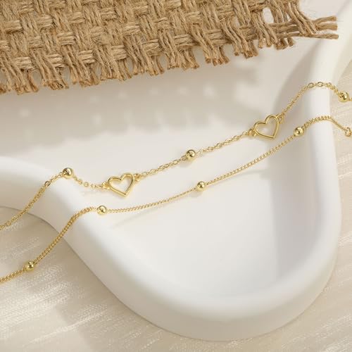KOHOTA Silver Gold Bracelets for Women Trendy 14K Gold Plated Bracelet for Women Non Tarnish Dainty Stackable Layered Chain Heart Pearl Knot Beaded Bracelets Stack Set Charm Mothers Day Jewelry Gifts - color: C.Heart-gold