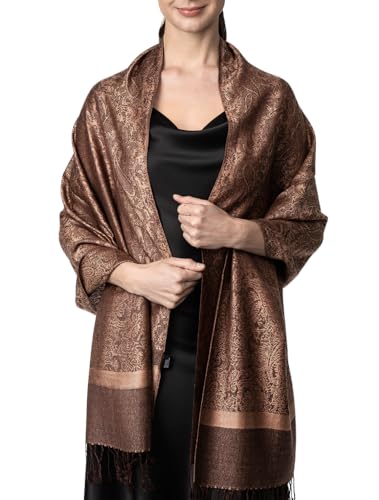 Achillea Two-Tone Vintage Paisley Pashmina Scarf – Lightweight Wrap & Shawl for Dresses, Weddings, Travel, All Seasons - color: Brown