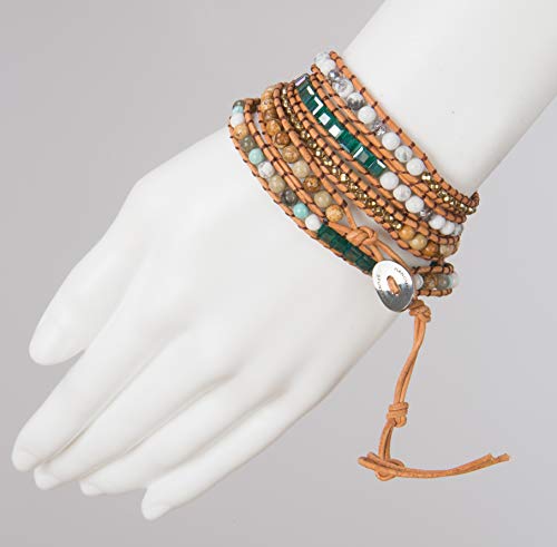 New! Dazzling Handmade Leather Wrap Bracelet Collection - style: 5 Wrap Teal Camel
