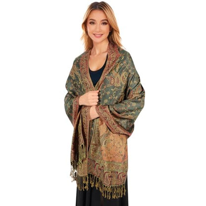 MUQU Women Pashmina Shawls and Wraps Scarf Soft Silky Reversible Paisley Scarves Shawl for Women - color: Green-a2