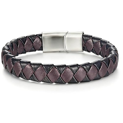 Men's Leather Bracelet, Stackable Stainless Steel Clasp Bracelets for Men Stylish Birthday, Thanksgiving, Valentine's Day Gift for My Man - style: 8.2" Long 10MM Wide Dark Purple Woven