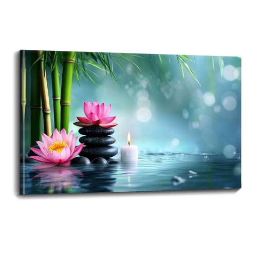 OLUNMILA Zen Lotus Canvas Wall Art Spa Water Candle Painting Bamboo Stone Print Picture Poster Relaxation Decor for Bathroom Bedroom Living Room Ready to Hang(ZEN-02,16"x24") - color: ZEN-02, size: 24"L x 16"W
