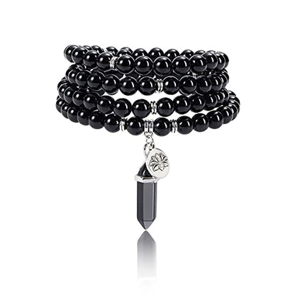 Jovivi 108 Mala Beads Bracelet 8mm Natural Amethyst Rose Quartz Healing Crystal Stone Mala Prayer Bead Necklace Hexagonal Prism Gemstone Reiki Pointed Pendant for Yoga Meditation Energy Balancing - color: Black Obsidian Crystal