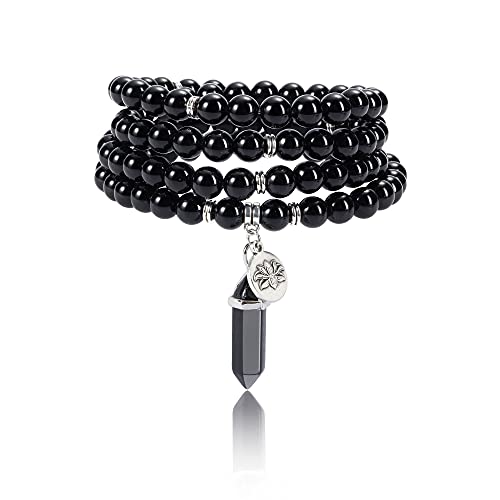 Jovivi 108 Mala Beads Bracelet 8mm Natural Amethyst Rose Quartz Healing Crystal Stone Mala Prayer Bead Necklace Hexagonal Prism Gemstone Reiki Pointed Pendant for Yoga Meditation Energy Balancing - color: Black Obsidian Crystal