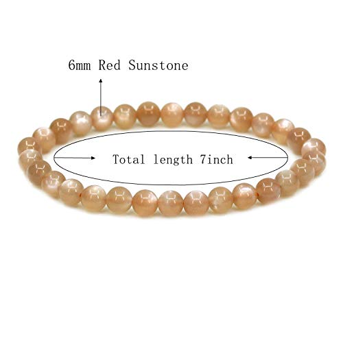 Angelstones Handmade Natural Healing Gemstone 6mm Round Beads Stretch Crystal Bracelet 7 Inch Unisex - color: Red Sunstone
