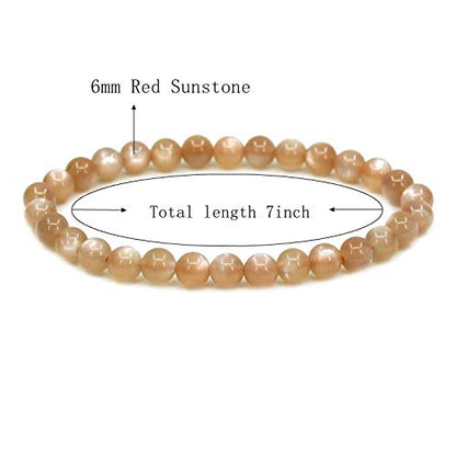 Angelstones Handmade Natural Healing Gemstone 6mm Round Beads Stretch Crystal Bracelet 7 Inch Unisex - color: Red Sunstone