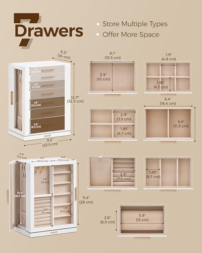 360° Rotating Jewelry Box with 7 Drawers, Spacious Vertical Jewelry Organizer with Glass Window, Jewelry Storage Case, Dustproof & Moisture-resistant Design, White