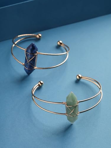 Handmade Green Aventurine Wire Wrapped Cuff Bracelet, Adjustable Minimalist Boho Bangle for Women - style: Bracelet BRAC.004