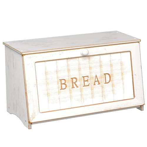 Vintage Bread Box for Kitchen Countertop, Retro Design Bread Storage Container, Farmhouse Wooden Counter Breadbox, Small Bamboo Bread Bin Holder for Homemade Bread, White - color: Vintage White