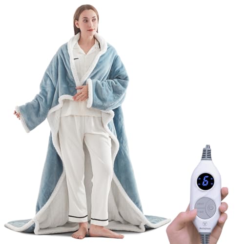 Westinghouse Electric Snuggle Throw Blankets with Foot Pocket, Wearable Heated Blanket with Sleeves, 6 Heating Levels & 2 to 10 Hours Heating Time Settings, 50 * 70"+18", Light Blue - color: Light Blue&ivory, size: 70*50" Heated Snuggle Blanket