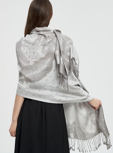 Pashmina Shawl Wrap with Ethnic Paisley Two Tone Jacquard Scarf for Women - color: Feather-grey