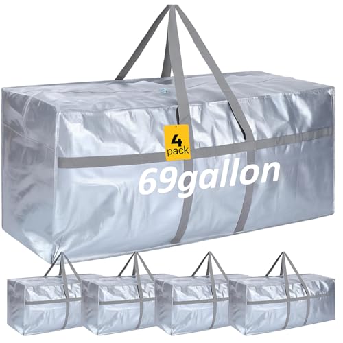 Windyun 4 Pack 69 Gallon Extra Large Moving Bags XXL Heavy Duty Storage Bag with Strong Zipper Handle Jumbo Big Tote Box Foldable for College Dorm Travel Clothes Duffle Blanket Pillow(Silver) - color: Silver, size: 69 Gallon
