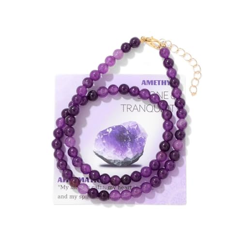 Healing Crystal Necklace for Women Men Colorful 6mm Natural Stone Beaded Choker Gemstone Necklaces with Card Handmade Reiki Spiritual Jewelry Gift - color: Amethyst