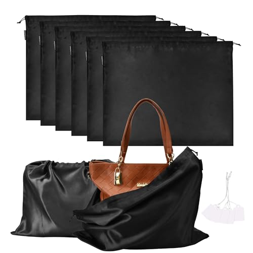 6 Pack Dust Bags for Handbags Silk Dust Cover Bag for Handbags Purses Shoes Boots, Silk Dustproof Drawstring Bag Travel Storage Pouch (Black, 19.6 × 15.7 in) - color: Black, size: 19.6 × 15.7 in