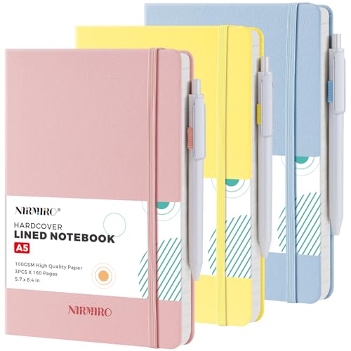 Lined Journal Notebook for Women Men, A5 (5.7"x8.4"), 3 Pack 160 Pages Hardcover Journaling Notebooks with Pen, 100GSM Paper, for Work,Writing,Travel,Business, School Office Supplies, Pink Yellow Blue - color: Pink_blue_yellow, size: A5