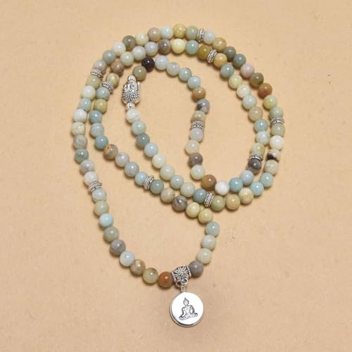 108 Mala Beads Bracelet/Necklace with Buddha Charm – Meditation Beads, Yoga Jewelry, Prayer Beads, Zen Necklace – Ideal Gift for Spiritual Practice - style: Amazonite