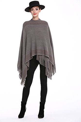 ZLYC Women's Shawl Golden Trim Knit Blanket Wrap Fringe Poncho Coat Cardigan - color: Grey
