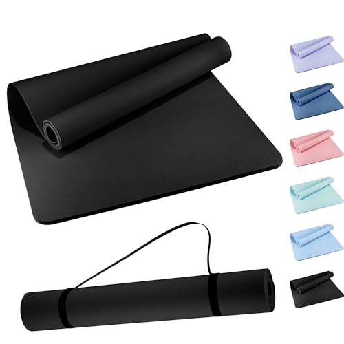 Extra Wide Yoga Mat 72" x 32", 6mm Non Slip TPE Exercise Mat with Carrying Strap, Large Workout Mat for Yoga, Pilates, Stretching, HIIT & Home Gym - color: black
