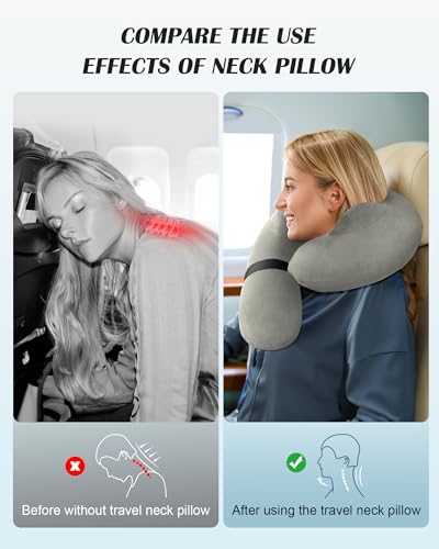 Patented Design Inflatable Travel Neck Pillow – Airplane Neck Pillow with 360° Head & Neck Support, Soft Washable Velvet Cover, Compact Neck Support Pillow for Airplane,Train,Car,Office & Home (Grey) - color: Gery