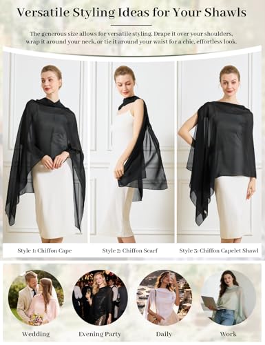 Chiffon Cape Shawl Wrap Scarf 3 Ways to Wear Elegant Sheer Capelet for Evening Dresses Weddings Parties - color: Black
