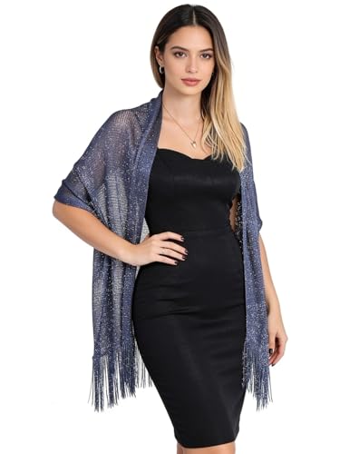 Sumolux Shawls Wraps for Evening Dresses Metallic Glitter Shawls Scarf for Women Sparkling Wedding with Free Buckle - color: Navy Blue
