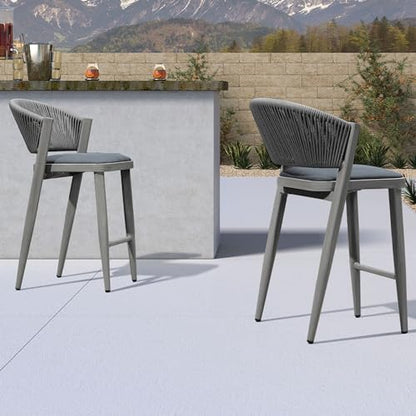 PURPLE LEAF Counter Height Bar Stool Set of 2 Modern Aluminum Rattan Wicker Outdoor Barstools with Backrest and Cushion for Kitchen Lawn Pool Bar Chairs Grey