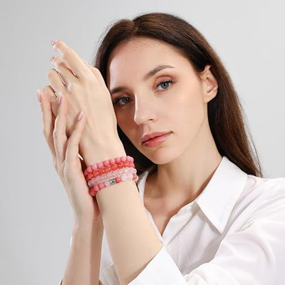 Fengling 4 PCS Beaded Crystal Bracelet for Women 8mm Natural Gemstones Handmade Bracelet for Girls Healing Stretch Bracelets Crystal Jewelry for Women Gifts - color: Pink Crystal&Watermelon crysta&Rose Quartz