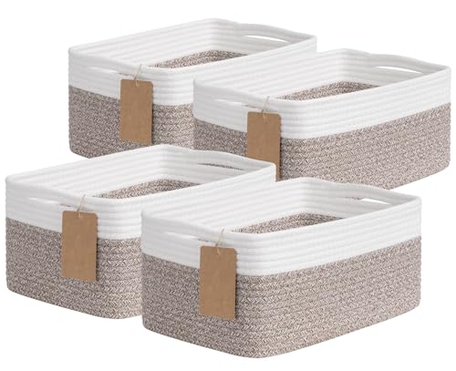 Goodpick 4 Pack Storage Baskets for Shelves, Rectangle Cotton Rope Baskets for Organizing, Woven Storage Basket for Baby Toys Diapers, Decorative Shelf Basket for Gifts, 13''L x 8''W x 6''H - color: Brown & White